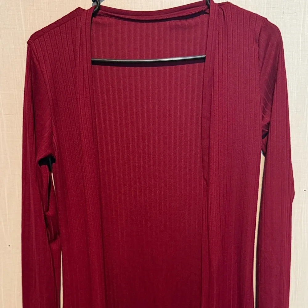 Open Front Ribbed Cardigan in Deep Wine - Picture 1 of 4